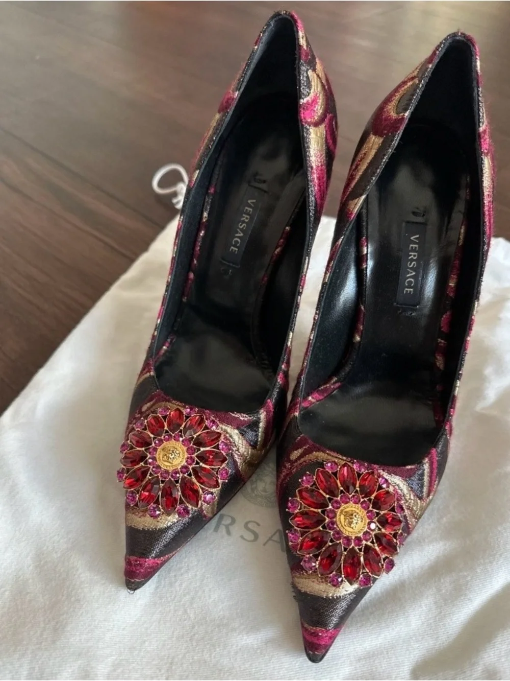 Versace Red, Gold & Black Brocade Pointed-Toe Jewel Pumps